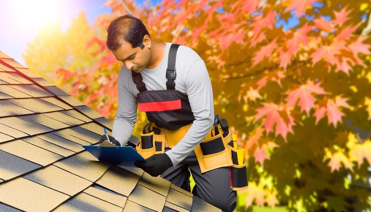 Professional roofer conducting fall inspection