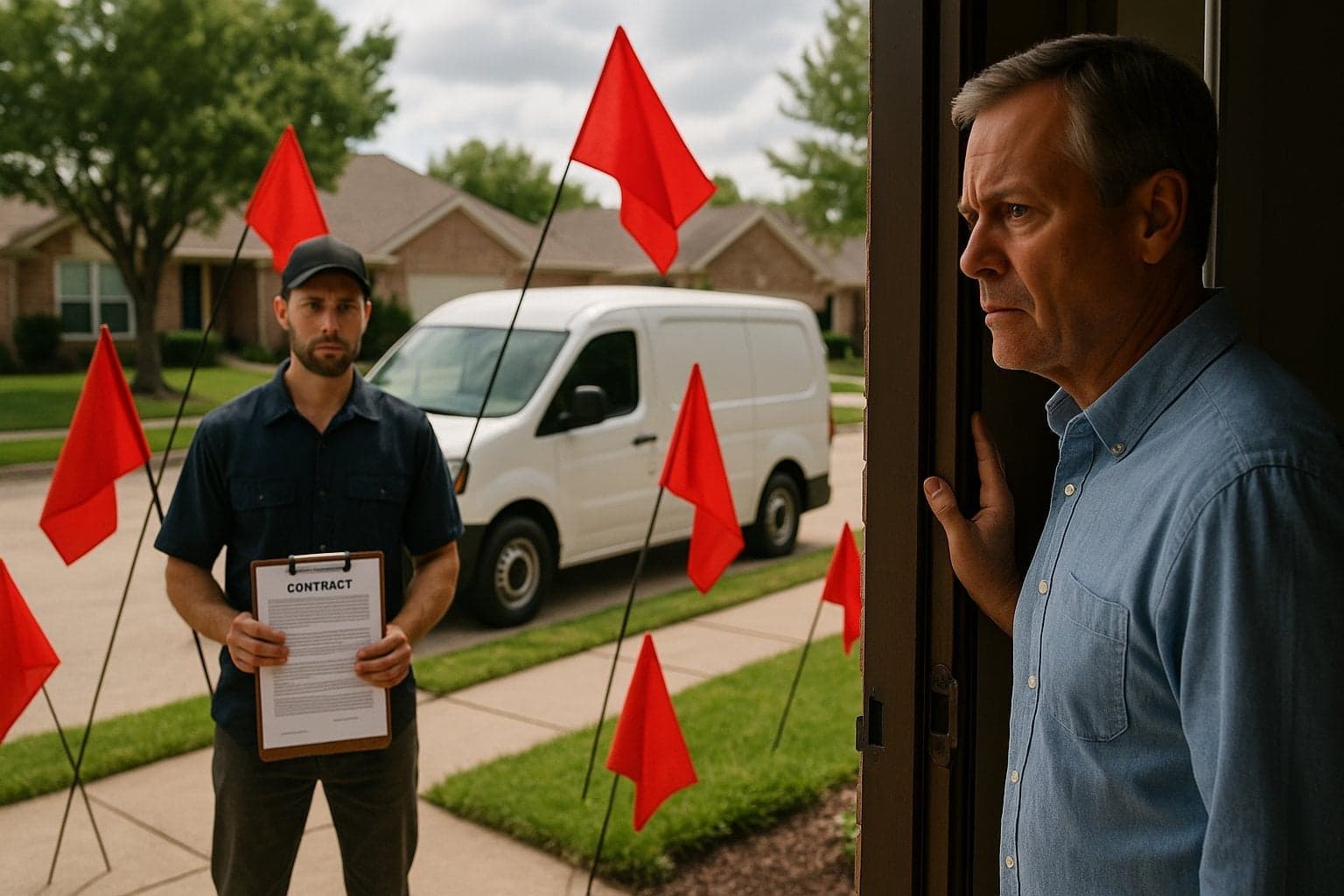 Homeowner reviewing suspicious roofing contract