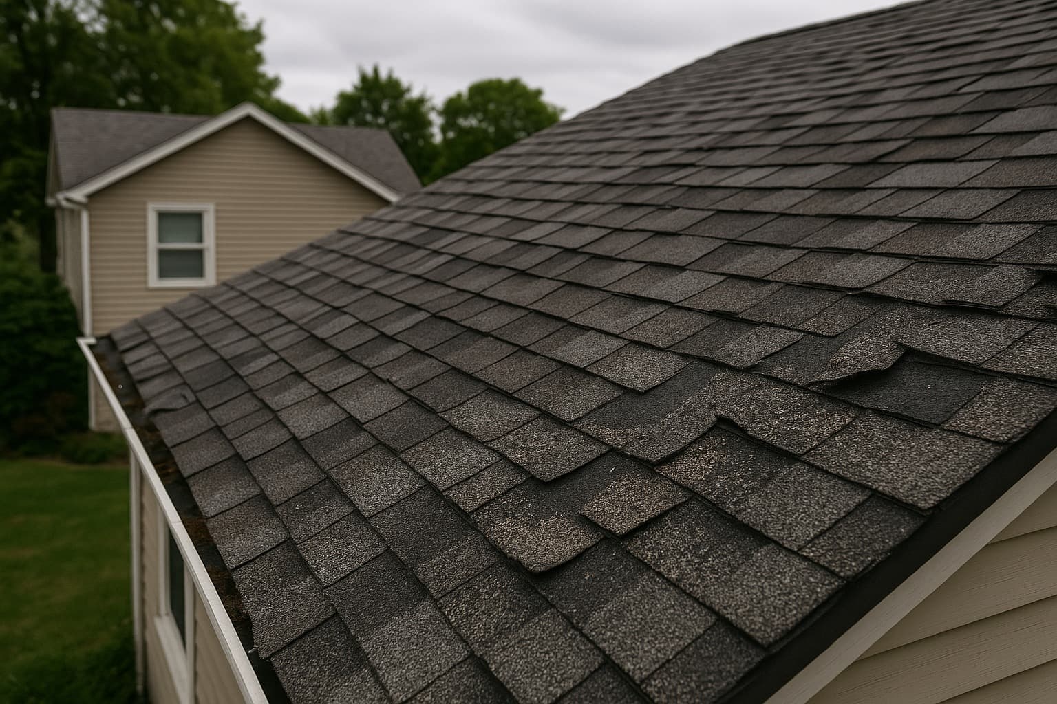 Aging residential roof with curling shingles showing signs of wear