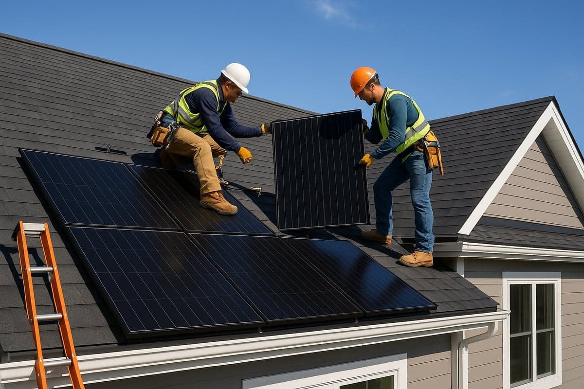 Solar panels being installed on residential roof