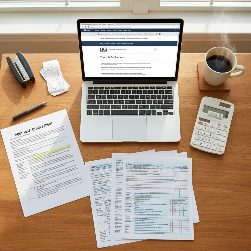 Tax forms and roof inspection report on home office desk