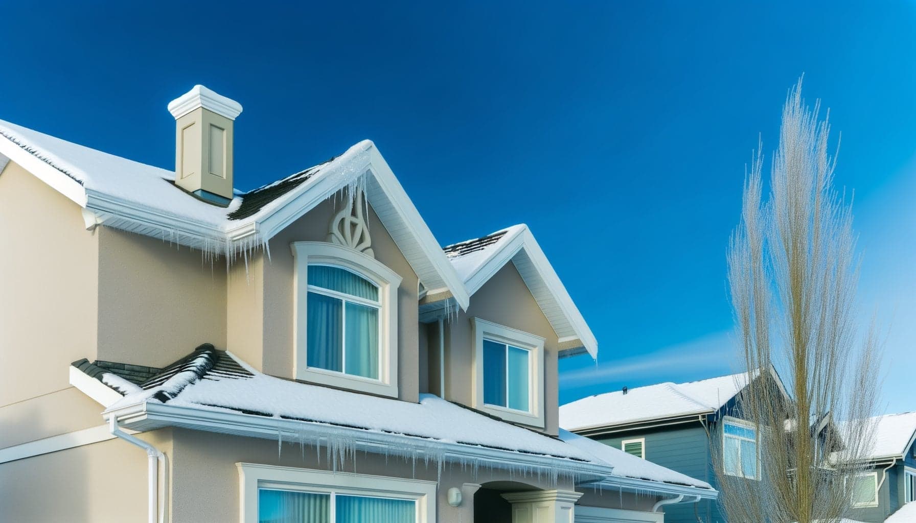 Snow-covered residential roof with icicles