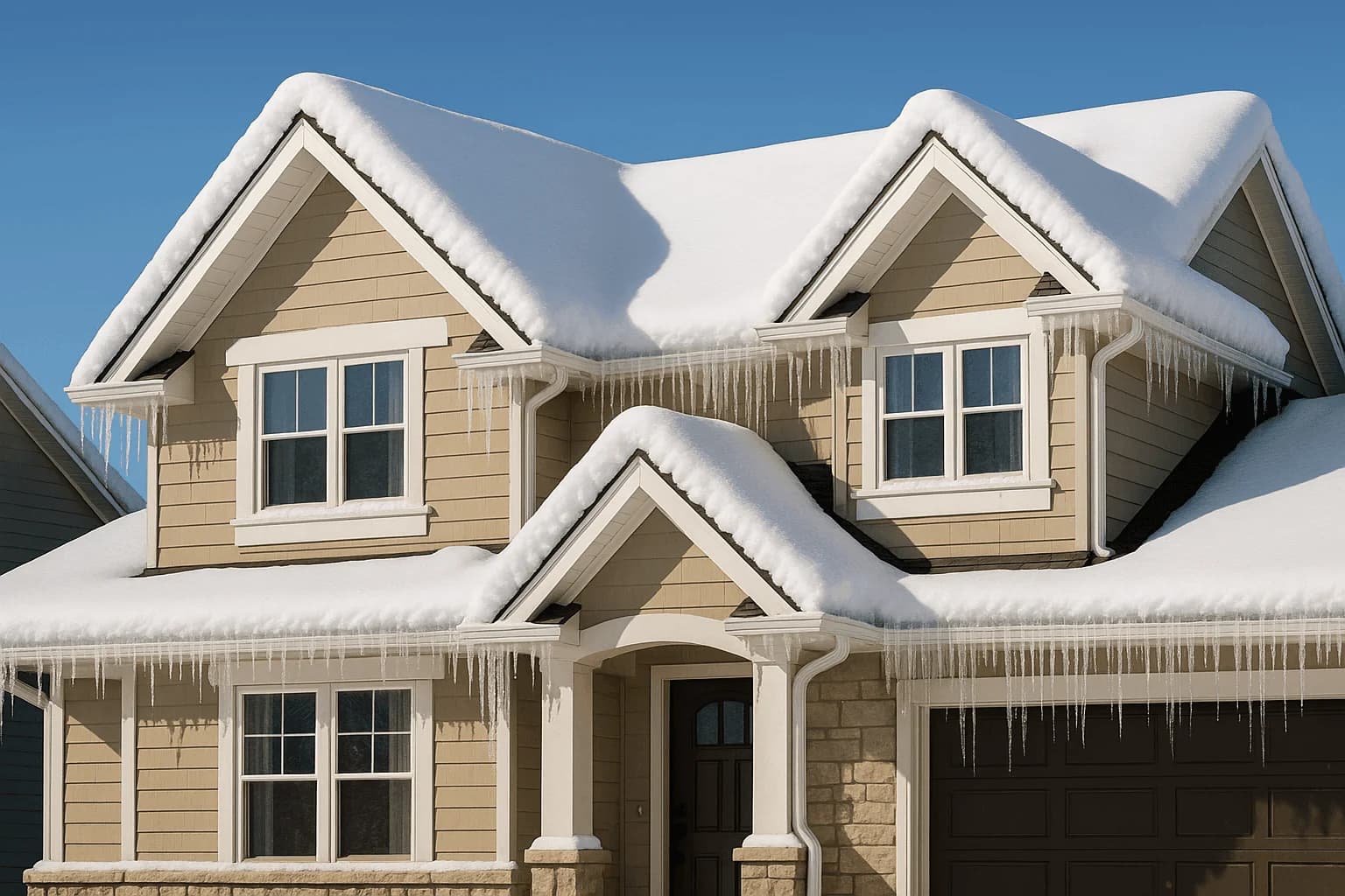 Snow-covered New England homes with various roof styles