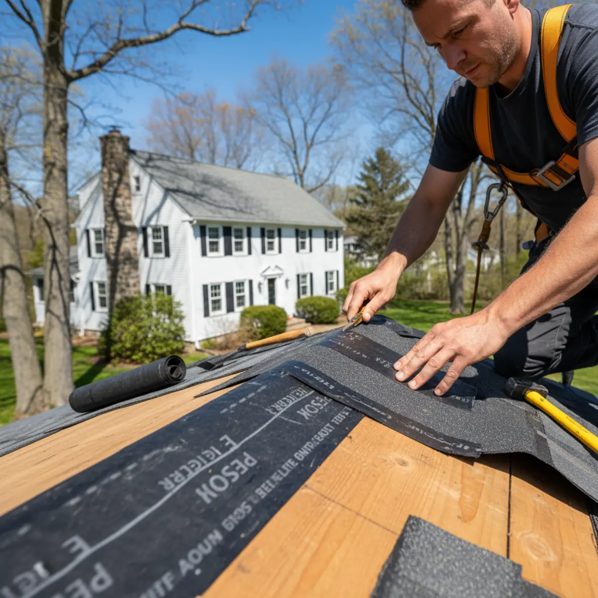 Professional roofer installing ice and water shield on a Connecticut home