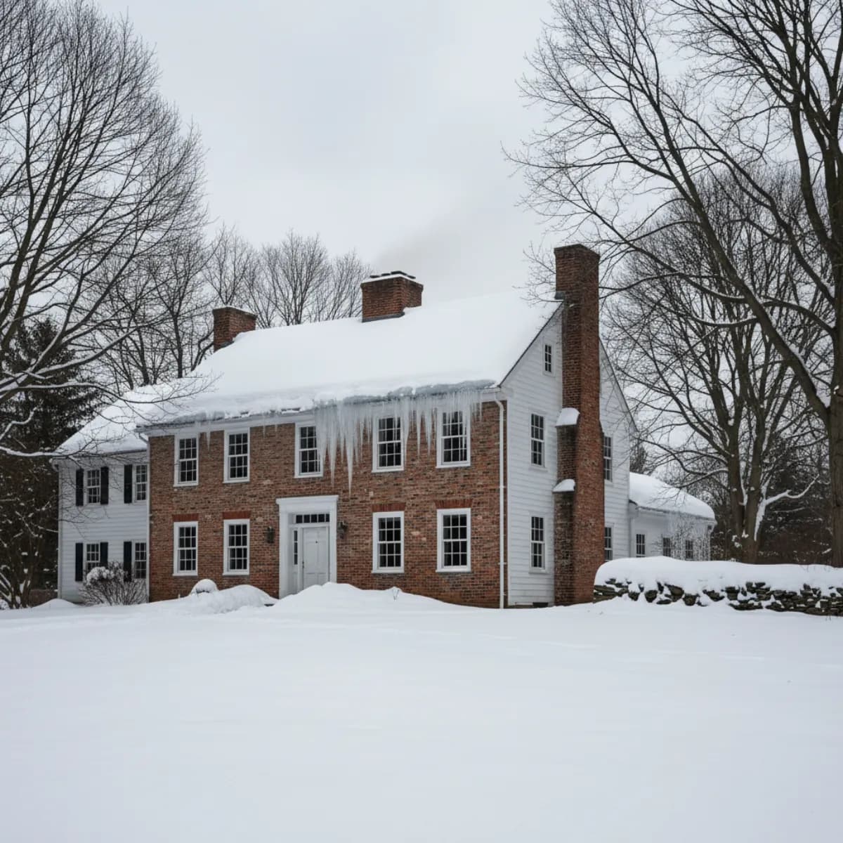 Connecticut colonial home in winter with ice dams visible along the roof edge and icicles forming at the gutters