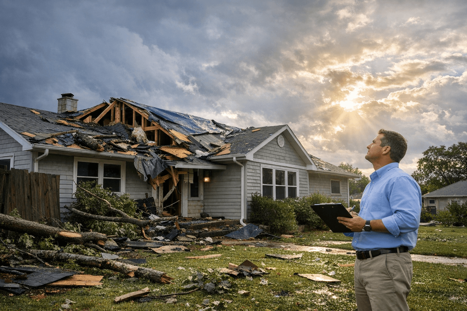 Insurance adjuster assessing storm damage to residential roof