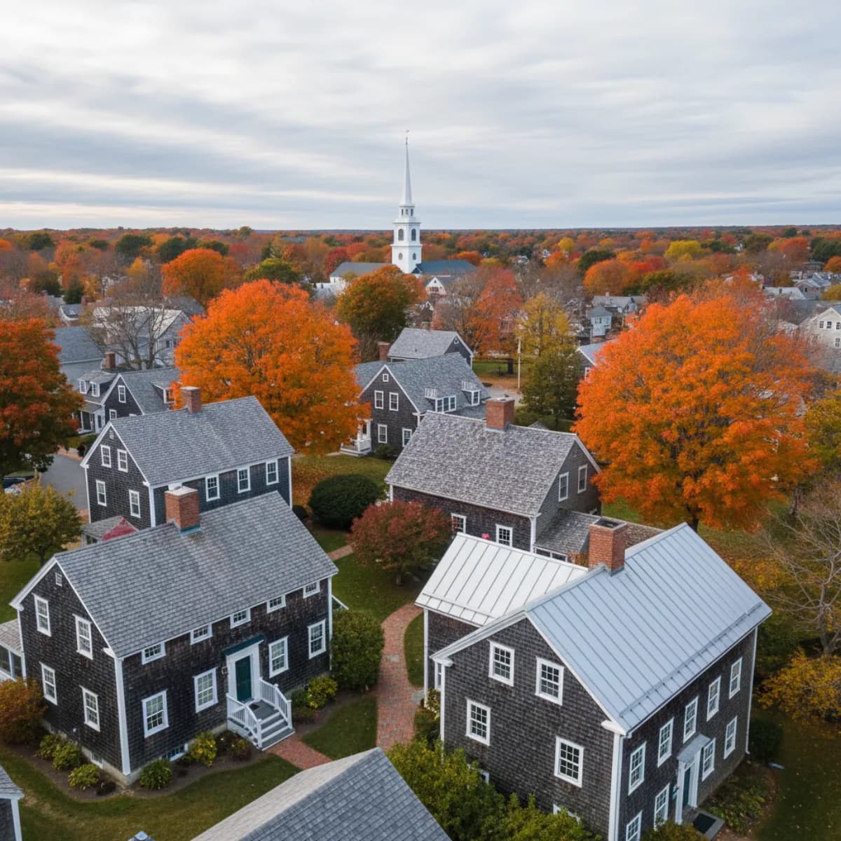 Aerial view of New England rooftops across seasons