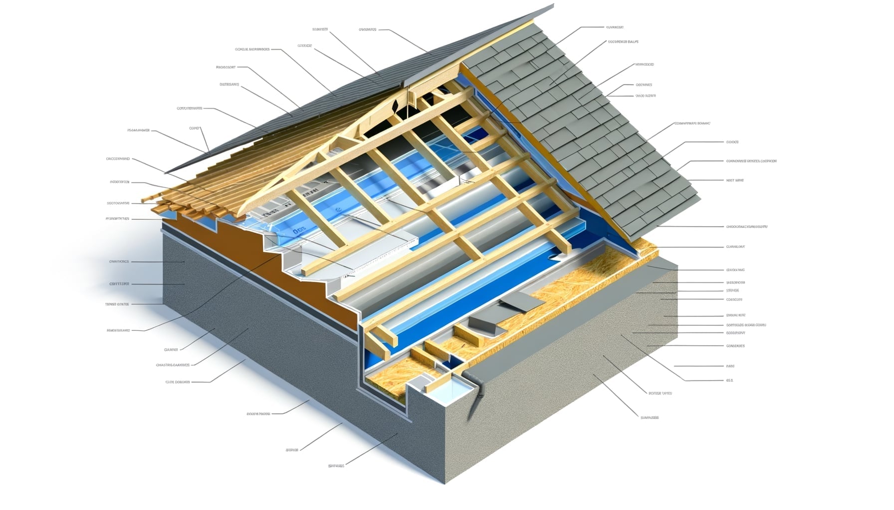 Professional cross-section diagram showing residential roof components and layers