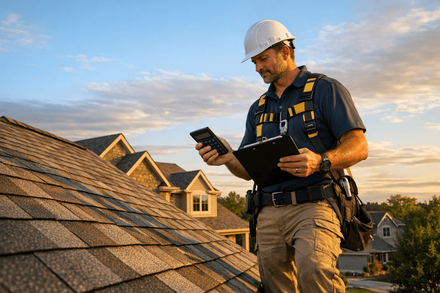 Professional roofing contractor evaluating roof costs