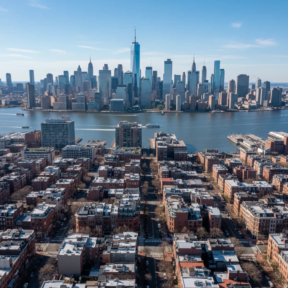 Hoboken NJ brownstone rooftops with Manhattan skyline