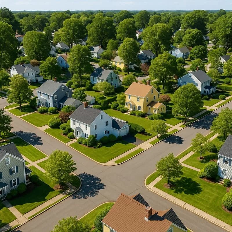 Mid-Atlantic suburban homes with diverse roof styles